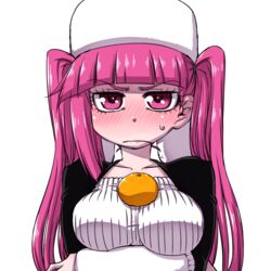  annoyed arms_under_breasts black_jacket bleach blush breast_hold breasts closed_mouth commentary_request dokugamine_riruka eyelashes female food frown fruit hanya_(hanya_yashiki) hat jacket large_breasts long_hair looking_at_viewer mandarin_orange nose_blush object_on_breast open_clothes open_jacket oppai_mochi pink_eyes pink_hair purple_eyes purple_hair simple_background solo sweatdrop twintails upper_body white_background white_hat 