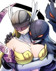  2girls angel angel_and_devil angewomon bare_shoulders blonde_hair blush breasts cleavage closed_mouth colored_skin commentary_request covered_eyes demon_girl digimoji digimon digimon_(creature) grey_skin hagoromo hand_on_another&#039;s_shoulder hawe_king helmet ladydevimon large_breasts long_hair mask multiple_girls oerba_yun_fang red_eyes shawl simple_background stitches tongue tongue_out upper_body white_background white_hair winged_helmet yuri 