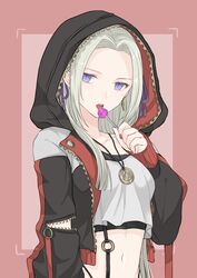  akina_(akn_646) alternate_costume black_jacket blue_eyes border breasts candy casual collarbone commentary_request crop_top earrings edelgard_von_hresvelg female fire_emblem food forehead hair_ribbon highres holding holding_food hood hood_up hooded_jacket jacket jewelry licking lollipop long_hair long_sleeves nail_polish navel necklace o-ring open_clothes open_jacket outside_border pink_background pink_border purple_ribbon red_nails ribbon silver_hair small_breasts solo tongue tongue_out unzipped upper_body 