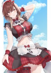  absurdres aketa_mikoto arm_up blush breasts brown_eyes brown_hair cosplay cowboy_shot crop_top female highres hourai_ninjin idolmaster idolmaster_shiny_colors kiratto_pri_chan large_breasts looking_at_viewer medium_hair navel outdoors parted_lips pretty_series red_skirt skirt sky solo standing summer_maid_coord thigh_strap 