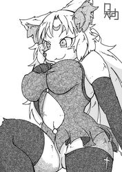  anthro big_breasts black_and_white breasts canid canine digital_media_(artwork) female hi_res hinata_sakamoto jinguuji_kuesu mammal monochrome omamori_himari solo 