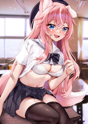  :d animal_ears artist_name black_skirt black_thighhighs blue_eyes blush bra breasts cleavage dog_ears dog_girl dog_tail female hand_up highres indoors large_breasts long_hair looking_at_viewer miniskirt navel open_mouth patreon_username pink_hair sailor_collar sailor_shirt school_uniform serafuku shirt short_sleeves skirt smile solo squchan stomach tail thighhighs thighs twitter_username underwear very_long_hair virtual_youtuber vyugen web_address white_bra white_sailor_collar white_shirt window yuniiho_(vtuber) 