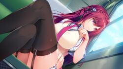  front_wing game_cg garter loca_love_-_densha_x_doukyuusei nanaca_mai seifuku skirt_lift stockings sweater thighhighs 