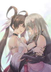  2girls bad_id bad_pixiv_id bare_shoulders braid breast_press breasts brown_hair choker closed_eyes commentary_request crying detached_sleeves feather_hair_ornament feathers flower hair_flower hair_ornament hair_rings ishidakirikomi_masamune japanese_clothes large_breasts long_hair medium_breasts mizuki_takehito multiple_girls no_eyepatch obi open_mouth photoshop_(medium) sash silver_hair smile symmetrical_docking tears tenka_hyakken tsuruga_masamune_(tenka_hyakken) underboob wet white_background 