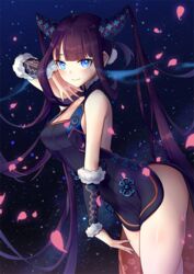  bare_shoulders black_dress blue_background blue_eyes blunt_bangs blush breasts china_dress chinese_clothes cleavage closed_mouth detached_sleeves dress fate/grand_order fate_(series) female gradient_background hair_ornament long_hair looking_at_viewer md5_mismatch medium_breasts oninaart petals purple_hair smile solo thighs twintails very_long_hair yang_guifei_(fate) yang_guifei_(second_ascension)_(fate) 