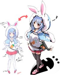  alternate_costume alternate_hairstyle animal_ears animal_hood black_thighhighs blue_capelet blue_hair blush blush_stickers bow bridal_gauntlets capelet carrot_hair_ornament carrot_print closed_mouth commentary_request concept_art don-chan_(usada_pekora) eighth_note female food-themed_hair_ornament food_print footwear_bow full_body gloves hair_between_eyes hair_ornament hairclip highres hololive hood hood_up jewelry looking_at_viewer miniskirt multiple_views musical_note nanaume_(shichimi_tougarashi) orange_eyes pink_footwear pleated_skirt pom_pom_(clothes) print_shirt rabbit_ears rabbit_girl red_skirt shirt short_eyebrows short_hair short_sleeves sidelocks simple_background skirt smile split_mouth standing t-shirt thick_eyebrows thighhighs translation_request usada_pekora virtual_youtuber white_background white_shirt zettai_ryouiki 