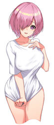  alternate_costume birkai breasts collarbone commentary covered_nipples cowboy_shot cropped_legs fate/grand_order fate_(series) female hair_over_one_eye hand_up highres large_breasts looking_at_viewer mash_kyrielight open_mouth oversized_clothes oversized_shirt photoshop_(medium) pink_hair purple_eyes shirt shirt_tug short_hair simple_background smile solo standing white_background white_shirt 