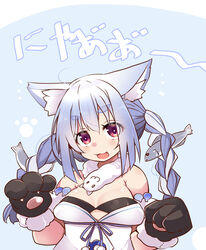  :3 :d ahoge animal_ear_fluff animal_ears animal_hands armpit_crease bare_shoulders black_gloves blue_background blue_ribbon blush braid breasts bright_pupils cat_girl claws cleavage commentary_request don-chan_(usada_pekora) dot_nose eyes_visible_through_hair female fish_hair_ornament fur-trimmed_gloves fur_trim gloves hair_between_eyes hair_ornament highres hololive large_breasts long_hair looking_at_viewer multicolored_hair open_mouth paw_gloves paw_print pom_pom_(clothes) red_eyes ribbon shiny_skin shirogane_(platinum) short_eyebrows sidelocks smile solo thick_eyebrows translated twin_braids upper_body usada_pekora usada_pekora_(1st_costume) virtual_youtuber white_hair white_pupils 