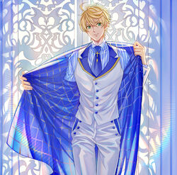  1boy arthur_pendragon_(fate) arthur_pendragon_(white_rose)_(fate) bishounen blonde_hair blue_theme commentary_request fate/prototype fate_(series) formal green_eyes highres lalatia-meai male_focus necktie pinstripe_pattern removing_jacket smile solo striped suit vest waistcoat white_vest 