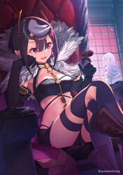  2girls ariel_(kumo_desu_ga_nani_ka?) ayataka black_gloves black_shorts breasts brown_hair bug chair crossed_legs easy_chair elbow_gloves elbow_rest gloves highres indoors kumo_desu_ga_nani_ka? medium_breasts micro_shorts multicolored_hair multiple_girls panty_straps pink_eyes shiraori short_shorts shorts sitting spider spoilers streaked_hair thighhighs twilight twitter_username 