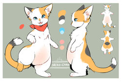  belly blue_eyes calico_cat domestic_cat ear_piercing felid feline felis female feral fur happy inner_ear_fluff mammal model_sheet munchkin_cat neko_chan_(tsukune_minaga) open_mouth orange_body orange_fur piercing pink_belly red_scarf scarf solo tri_color tsukune_minaga tuft white_belly white_body white_fur 