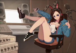  absurdres birkai black_footwear blue_eyes breasts brown_hair cellphone chair chinese_commentary cleavage collarbone commentary_request denim denim_shorts female green_jacket hair_ornament headphones highres holding holding_phone indoors jacket long_hair long_sleeves looking_at_viewer medium_breasts original phone photoshop_(medium) rabbit_hair_ornament shirt shoes short_shorts shorts sitting smile sneakers white_shirt 