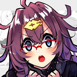  ahoge blue_eyes blush commentary dorothy_(sinoalice) female glasses hair_ornament hairclip highres hyouka messy_hair mixed-language_commentary nanozenzen over-rim_eyewear parody purple_hair semi-rimless_eyewear sinoalice solo teeth upper_teeth_only watashi_kininarimasu 