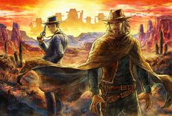  2boys beard blonde_hair cactus cowboy cowboy_hat cowboy_western facial_hair gun handgun hat holster holstered ikusy live_a_live looking_at_viewer mad_dog_(live_a_live) male_focus mountainous_horizon multiple_boys official_art poncho revolver smile standing sundown_kid sunset weapon 