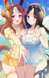  2girls alternate_costume animal_ears beach blue_one-piece_swimsuit breasts casual_one-piece_swimsuit commentary_request copano_rickey_(umamusume) cowboy_shot detached_sleeves double_bun double_v ear_covers ear_ornament gyaru_v hair_bun hair_ornament highres hokko_tarumae_(umamusume) horse_ears horse_girl horse_tail kkokko looking_at_viewer medium_breasts multicolored_hair multiple_girls nail_polish one-piece_swimsuit open_mouth orange_one-piece_swimsuit pink_eyes puffy_short_sleeves puffy_sleeves purple_eyes short_sleeves smile streaked_hair swimsuit tail tassel tassel_hair_ornament thigh_strap umamusume v 