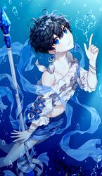  1other absurdres air_bubble androgynous arm_up bare_legs bare_shoulders black_hair blue_eyes blue_shorts bracelet bubble closed_mouth collarbone commentary_request copyright_request detached_sleeves earrings ha_youn heart highres jewelry korean_commentary looking_at_viewer other_focus puffy_sleeves short_hair shorts smile solo staff underwater 