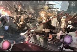  6+boys aircraft airplane alternate_universe ashe_ubert biplane car caspar_von_bergliez castle commentary_request dark-skinned_male dark_skin dedue_molinaro driving explosion felix_hugo_fraldarius ferdinand_von_aegir fire_emblem fire_emblem:_three_houses firing formal gun hair_over_one_eye highres hubert_von_vestra ignatz_victor korokoro_daigorou lapels linhardt_von_hevring long_hair lorenz_hellman_gloucester magic motor_vehicle multiple_boys open_mouth pointing pointing_up polearm raphael_kirsten rifle shawl_lapels spear suit sword sylvain_jose_gautier weapon yawning 