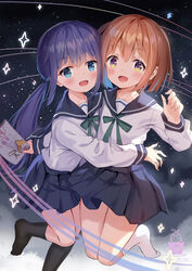  2girls :d aliter artist_name black_legwear black_sailor_collar black_skirt blue_eyes blue_hair blush bow brown_hair commentary green_bow hair_between_eyes highres holding kneehighs koisuru_asteroid konohata_mira long_hair long_sleeves low_twintails manaka_ao multiple_girls no_shoes open_mouth pleated_skirt purple_eyes sailor_collar school_uniform serafuku shirt skirt smile socks sparkle twintails very_long_hair white_legwear white_shirt 