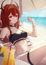  absurdres aoi_tooru arknights arm_strap bare_shoulders beach beach_umbrella bikini black_bikini bracelet breasts cleavage closed_mouth collar cup drink drinking_glass drinking_straw female food fruit highres holding holding_food horns jewelry knee_up lemon lemon_slice long_hair lying medium_breasts nail_polish navel necklace ocean on_back popsicle purple_eyes red_hair red_nails ring short_shorts shorts smile solo surtr_(arknights) swimsuit thigh_strap umbrella very_long_hair water white_shorts 