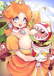  alternate_breast_size blue_eyes breasts brooch brown_hair cleavage commentary crown dress eyelashes fangs female gloves goomba heart heart-shaped_pupils highres jewelry lakitu large_breasts looking_at_viewer mario_(series) mini_crown niucniuc orange_dress palm_tree piranha_plant princess_daisy pyramid_(structure) sharp_teeth smile symbol-only_commentary symbol-shaped_pupils teeth tree warp_pipe 