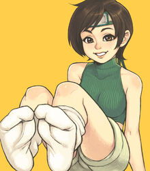  ass bare_shoulders blush breasts brown_eyes brown_hair commentary_request feet female final_fantasy final_fantasy_vii foot_focus headband highres legs looking_at_viewer maou_alba midriff ninja no_shoes open_mouth ribbed_sweater short_hair short_shorts shorts simple_background sleeveless sleeveless_turtleneck smile socks soles solo sweater tank_top turtleneck yuffie_kisaragi 