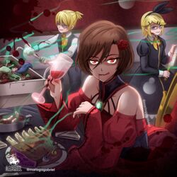  1boy 2girls akujiki_musume_conchita_(vocaloid) arte_(evillious_nendaiki) artist_logo banica_conchita bare_shoulders black_bow black_dress black_jacket black_pants blonde_hair blood blood_from_mouth blood_on_face blood_on_knife blood_splatter blue_eyes bone boned_meat bow breasts brooch brown_hair choker collarbone collared_shirt corset cup detached_sleeves disembodied_eye disembodied_tentacle dress drink drinking_blood eating evil_smile evillious_nendaiki eyeball flower folded_napkin food glass_of_conchita guro hair_flower hair_ornament hairband hairbow hairclip half-closed_eyes holding holding_cup holding_drink horror_(theme) jacket jewelry kagamine_len kagamine_rin knife large_breasts looking_at_viewer mario_gagabriel meat meiko_(vocaloid) multiple_girls napkin neckerchief necktie pants plate pollo_(evillious_nendaiki) red_eyes red_flower red_lips red_rose rose rotten severed_finger severed_tentacle shirt short_hair short_ponytail sleeveless sleeveless_jacket smell smile swept_bangs throne twitter_username vessel_of_sin vocaloid wide_sleeves yellow_neckerchief yellow_necktie 