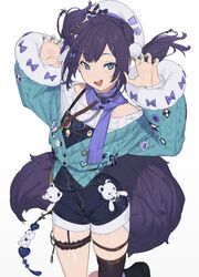  aiba_uiha aiba_uiha_(2nd_costume) animal_ears bare_shoulders black_thighhighs blue_nails bow commentary dog_ears female hat kaoruko_(unkrk55) long_sleeves looking_at_viewer mole mole_under_eye nijisanji open_mouth overalls purple_eyes ribbed_sweater short_hair simple_background single_thighhigh solo stuffed_animal stuffed_toy sweater tail teddy_bear thigh_strap thighhighs virtual_youtuber white_background white_hat wide_sleeves 