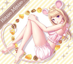  ahoge akamatsu_kaede alternate_costume animal_ears artist_name bangs bare_shoulders barefoot blonde_hair breasts cheese commentary_request danganronpa eyebrows_visible_through_hair female food from_side hair_ornament highres large_breasts long_hair long_legs looking_at_viewer mouse_ears musical_note musical_note_hair_ornament nabekokoa new_danganronpa_v3 pink_shorts purple_eyes shorts tagme 