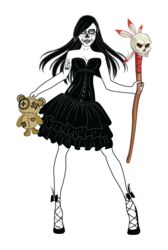  benjis_cursed_universe black_dress black_hair demon_girl doll dress female full_body goth_fashion high_heels highres lilith_(benjis_cursed_universe) long_hair mask original pale_skin self-upload simple_background staff stuffed_animal stuffed_toy tattoo voodoo voodoo_doll 