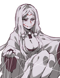  absurdres breasts chinese_commentary cleavage closed_mouth colored_skin commentary_request facial_mark female forehead_mark grey_hair grey_skin highres japanese_clothes jewelry kimetsu_no_yaiba kimono large_breasts long_hair low-tied_long_hair mogutofuoes mother_spider_demon_(kimetsu_no_yaiba) necklace purple_eyes silk simple_background sitting solo spider_web white_background white_kimono 