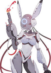  :o ahoge animal_ears arm_cannon armor bodysuit cable contrapposto covered_navel cyborg fake_animal_ears female flamethrower halo helmet highres huang_(volt0526) humanization joints mecha_musume mechanical_arms open_mouth punishing:_gray_raven rabbit_ears red_eyes robot_joints science_fiction shoulder_armor simple_background solo space_helmet weapon white_background white_hair 