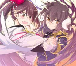  2girls aiguillette azur_lane black_hair blush brown_eyes brown_hair buttons closed_mouth commentary_request dancing dress epaulettes facial_mark gloves hair_between_eyes hair_ornament hand_on_another&#039;s_back holding_hands horns japanese_clothes kanzashi kimono long_hair long_sleeves mikasa_(azur_lane) military military_uniform multiple_girls nanto_hanamaru open_mouth ponytail ribbon smile sweat sweatdrop swept_bangs tsumami_kanzashi uniform upper_body very_long_hair wavy_mouth white_gloves wide_sleeves zuikaku_(azur_lane) 