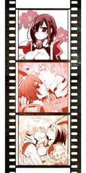  1boy bad_id bad_pixiv_id couple female from_side hug keito_(3846klid) kissing kyoukaisenjou_no_horizon monochrome pillarboxed profile red_theme short_hair straight tachibana_gin tachibana_muneshige_(horizon) tareme translated upper_body 