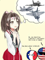  aircraft airplane american_flag bilingual brown_eyes brown_hair commentary_request countryball crossover dassault_rafale ea-18g_growler english_text engrish_text f-18_hornet f-35_lightning_ii female franceball french_flag french_text fusou_(fuso0205) highres imagining japanese_clothes jet kantai_collection mixed-language_text muneate ponytail ranguage thought_bubble usaball zuihou_(kancolle) 