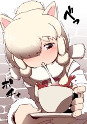  alpaca_suri_(kemono_friends) animal_ears blonde_hair commentary_request cup female fur-trimmed_sleeves fur_collar fur_trim hair_over_one_eye kemono_friends solo spitting teacup uchuu_ika 