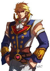  1boy ascot birthmark blonde_hair commentary_request detached_sleeves dio_brando ear_birthmark hideki jojo_no_kimyou_na_bouken phantom_blood phantom_blood_(film) red_eyes weapon 