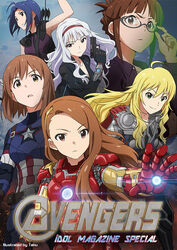  6+girls akizuki_ritsuko avengers_(series) blonde_hair blue_hair breasts brown_eyes brown_hair captain_america captain_america_(cosplay) cleavage commentary_request cosplay detached_sleeves glasses glock green_eyes grey_hair gun hagiwara_yukiho handgun holding holding_gun holding_weapon hoshii_miki idolmaster idolmaster_(classic) iron_man iron_man_(cosplay) long_hair marvel marvel_cinematic_universe medium_breasts minase_iori miura_azusa multiple_girls photoshop_(medium) shijou_takane smile taku1122 thor_(marvel) thor_(marvel)_(cosplay) weapon 