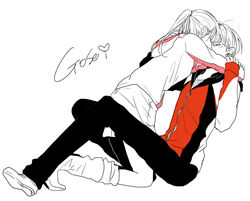  1boy alata animification bad_id bad_pixiv_id couple eri_(goseiger) female hood hoodie hug kissing long_hair minami_(shake2shake2) monochrome ponytail short_hair spot_color straight super_sentai tensou_sentai_goseiger 