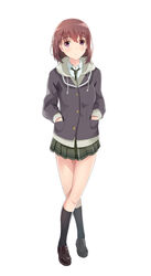  absurdres black_footwear black_necktie black_socks brown_hair commentary crossed_legs female full_body green_skirt hands_in_pockets highres hood hood_down jacket just_because! kneehighs natsume_mio necktie nraib photoshop_(medium) purple_eyes skirt sleeves_past_wrists socks solo standing 