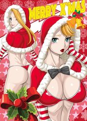  2girls ass blonde_hair blue_eyes breasts christmas cleavage commentary_request eighth_wonder haruka_athena haruka_clara hood large_breasts lipstick makeup merry_christmas mother_and_daughter multiple_girls one_eye_closed santa_costume short_hair tamaki_nozomu thong uchi_no_musume_ni_te_wo_dasuna! 