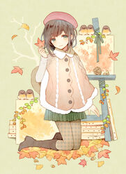  aran_sweater autumn_leaves beret blush boots brown_footwear brown_hair cable_knit canvas_(object) capelet closed_mouth commentary female full_body green_eyes green_skirt hand_up hat highres knee_boots kneeling kuroyuki leaf light_smile looking_at_viewer maple_leaf miniskirt original pantyhose plaid skirt smile solo sweater symbol-only_commentary unmoving_pattern 