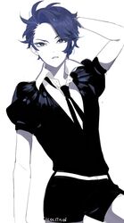  1other androgynous artist_name azolitmin belt black_neckwear blue_eyes blue_hair blue_zoisite_(houseki_no_kuni) colored_skin commentary_request eyelashes gem_uniform_(houseki_no_kuni) hand_in_own_hair highres houseki_no_kuni looking_at_viewer other_focus puffy_short_sleeves puffy_sleeves short_sleeves shorts simple_background solo uniform white_background white_skin 