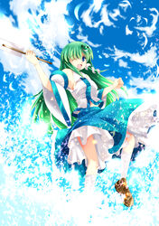  absurdres blue_eyes cloud commentary_request day detached_sleeves female frog gohei green_hair hair_ornament highres kochiya_sanae long_hair navel one_eye_closed open_mouth photoshop_(medium) skirt sky snake solo splashing touhou usuusu water 