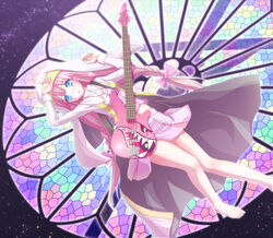  barefoot bass_guitar blue_eyes bow commentary_request cross female habit hadi hairbow highres instrument jewelry long_hair necklace nun original photoshop_(medium) pink_hair robe skirt solo stained_glass star_(sky) twintails 