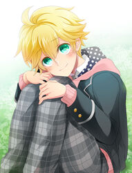  1boy blazer blonde_hair boyfriend_(kari) commentary_request green_eyes hikage_sumihito hood hoodie jacket male_focus pants plaid plaid_pants sakurazawa_ruka smile solo 