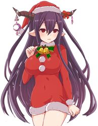  bad_id bad_pixiv_id bell breasts christmas danua draph female granblue_fantasy hat horns isao_(wasamoti) jingle_bell large_breasts long_hair pointy_ears purple_hair red_eyes red_hat santa_costume santa_hat simple_background solo white_background 