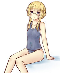  adele_balfetto bad_id bad_pixiv_id blonde_hair blue_eyes blush covered_navel female glasses kyoukaisenjou_no_horizon long_hair mizuki_miyu one-piece_swimsuit school_swimsuit sitting solo sweatdrop swimsuit 