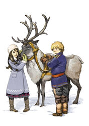  1boy blonde_hair boots brown_hair coat commentary_request dress female gloves hat highres kiyohisa long_hair mittens original reindeer reins sami_clothes short_hair snow 