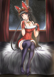  absurdres bad_id bad_pixiv_id bed black_hair black_thighhighs blush bow christmas colorized commentary_request female gate_-_jieitai_ka_no_chi_nite_kaku_tatakaeri hair_ribbon hairbow highres licking licking_finger long_legs no_shoes red_eyes ribbon rory_mercury solo thighhighs zen_cross 