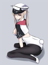  armedshipyard ass black_pantyhose blonde_hair bow bowtie breasts capelet celtic_knot commentary_request female graf_zeppelin_(kancolle) grey_background grey_eyes hair_between_eyes hat high_heels kantai_collection large_breasts leotard military_hat open_mouth pantyhose peaked_cap playboy_bunny rabbit_tail sitting solo strapless strapless_leotard tail twintails wariza white_hat white_leotard wrist_cuffs 